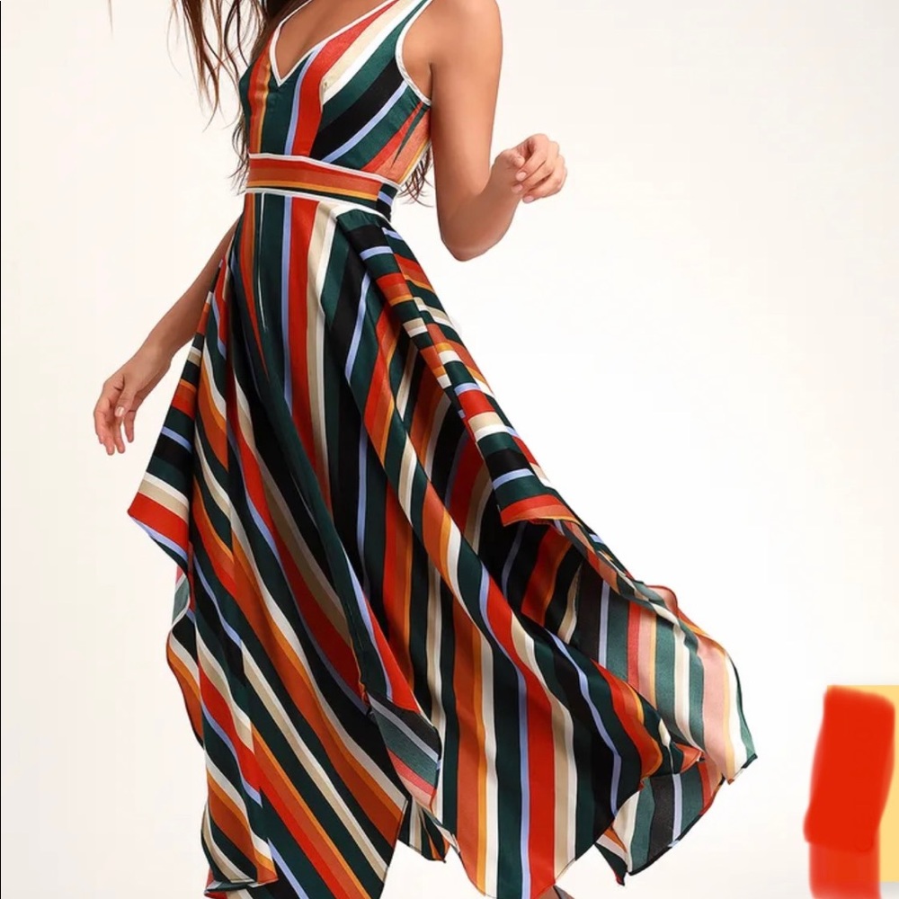 Lulus Uplifting Forest Green Multi Striped Satin Handkerchief Dress Asymmetrical
